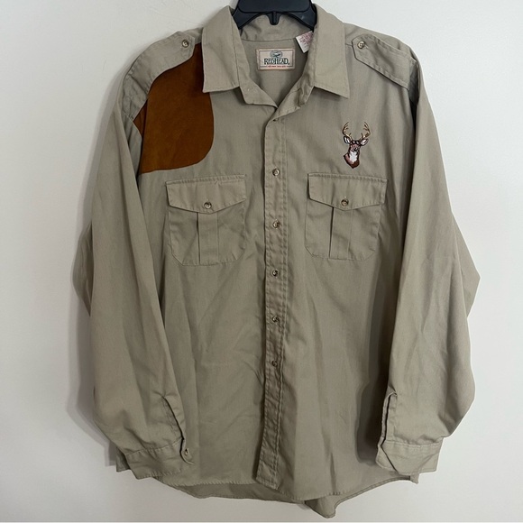 Men’s Red Head Button Up Chest Pockets Suede Shoulder Long Sleeve Shirt 2XL Tan - Picture 1 of 9
